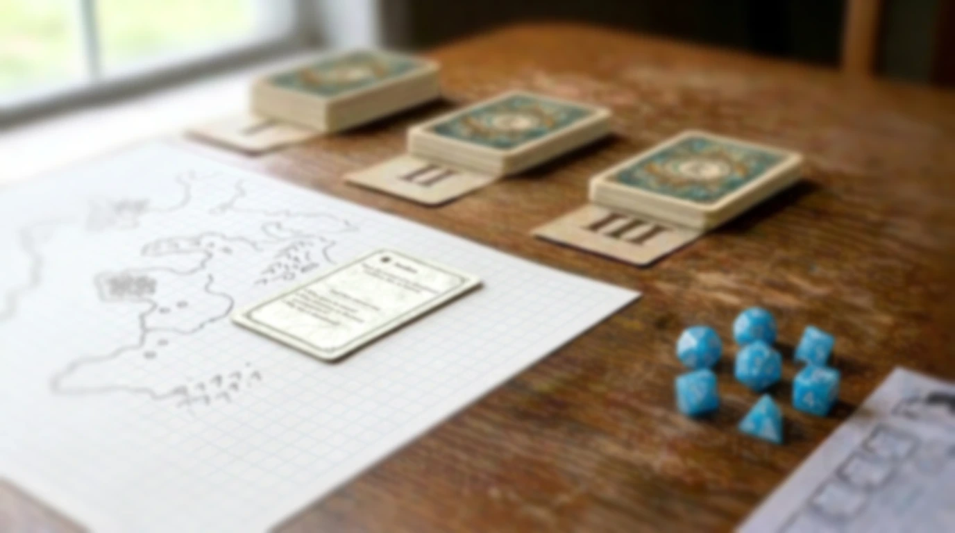 A game table mid-session: a hand-drawn map, a character sheet, polyhedral dice, and a scatter of face-down cards