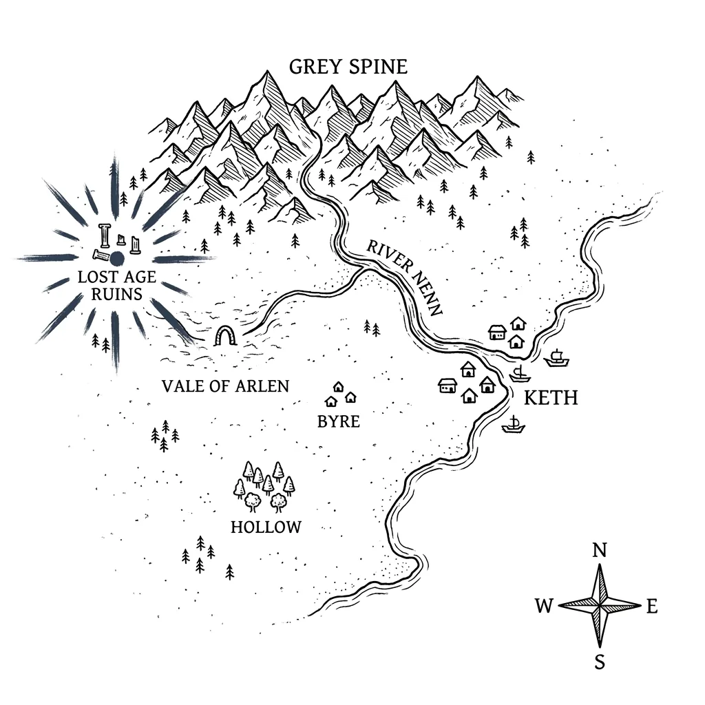 A hand-drawn map mid-game: the Grey Spine mountains, the town of Keth on the River Nenn, the Vale of Arlen, and the ruins of a lost age — each marked and named