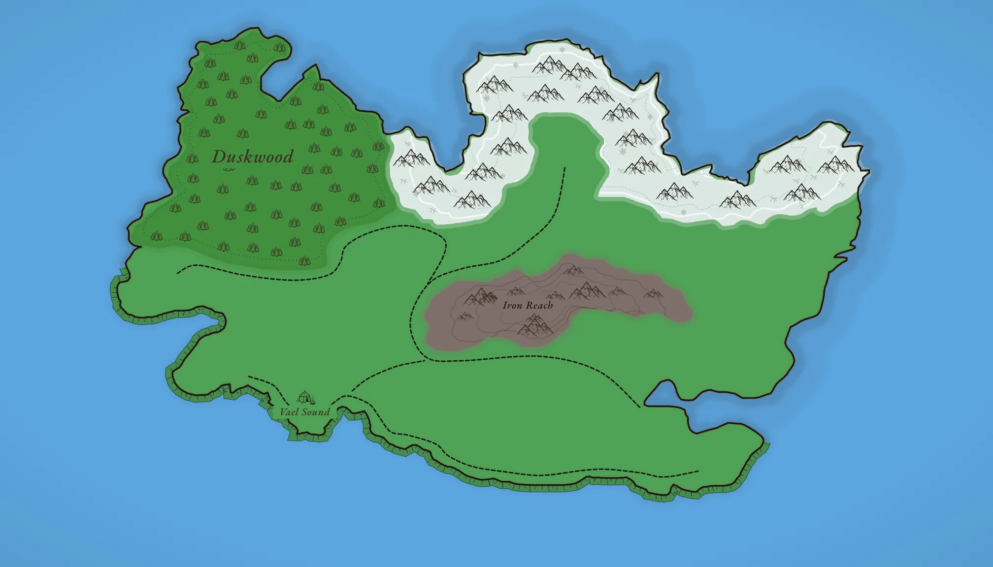 A hand-drawn fantasy world map — pure geography, unnamed, waiting to be marked